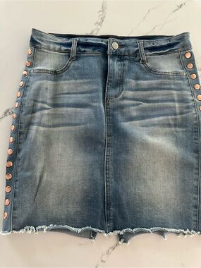 Celebrity Pink Washed Blue Denim Mini Skirt with Copper Buttons